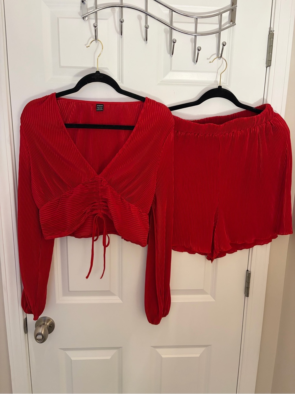 Red Women's Long Sleeve Crop Top with Matching Shorts Set Playsuit Slinky XL